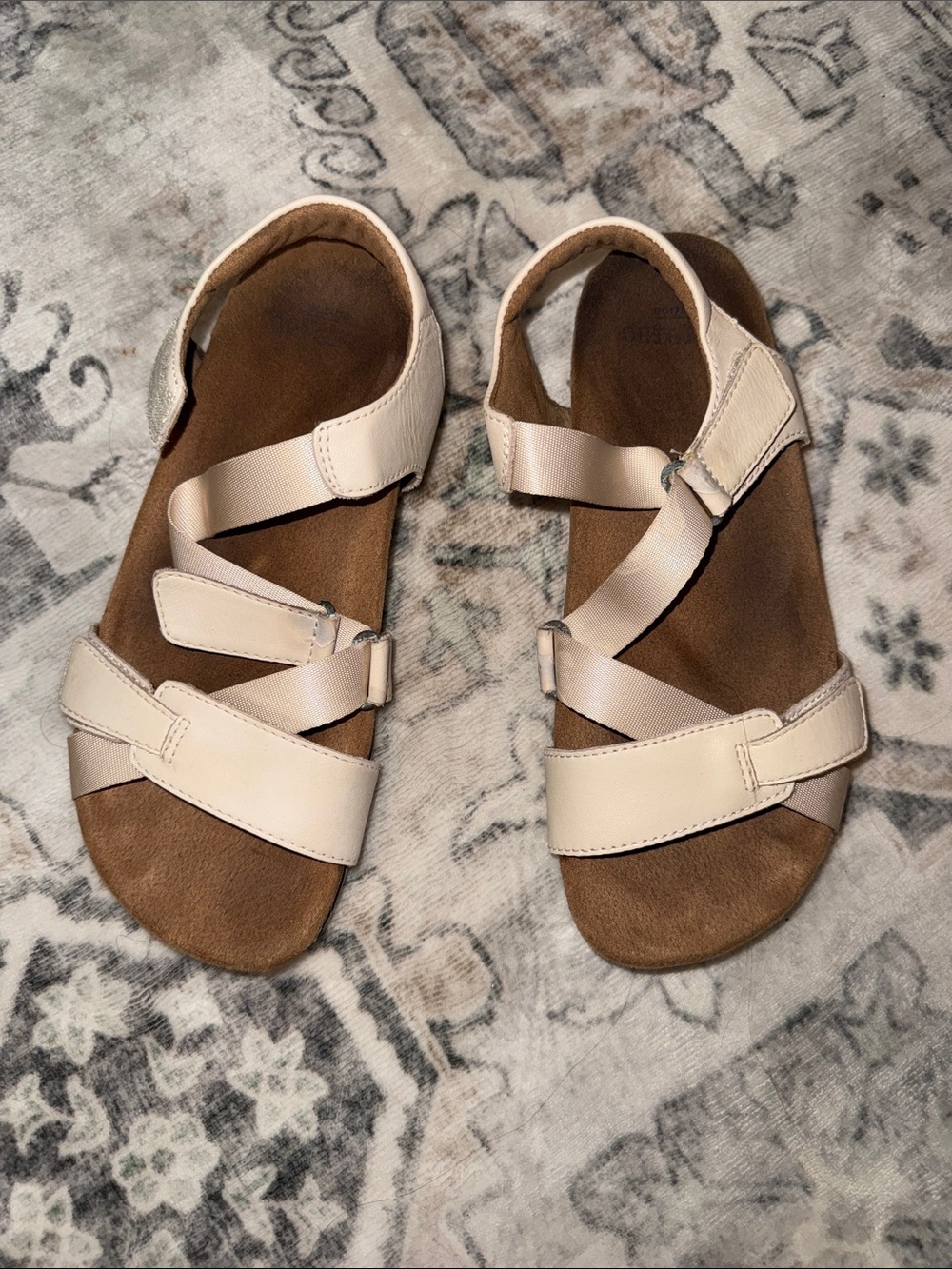 Earth Origins Strappy Comfort Sandals in Cream, w/2 adjustable Velcro fasteners.